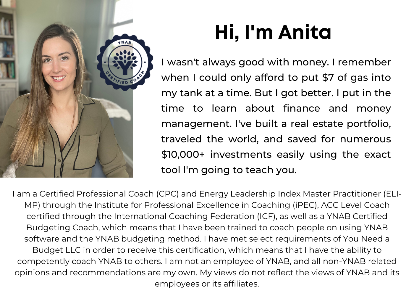 Hi, I'm Anita: photo of Anita Dombovari with a short bio about her journey to financial coaching